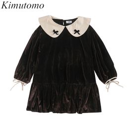 Kimutomo Bow Peter Pan Collar Velvet Dresses Women Spring Female Lantern Sleeve High Waist Mini Vestidos Retro 210521