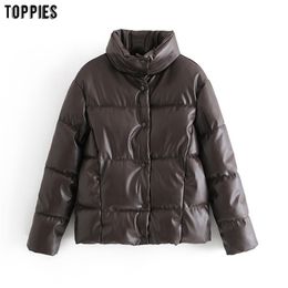 Winter Faux Leather Jacket Coat Padded Clothes Women Parkas Button Bubble 210421