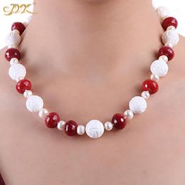 Chains JYX 7x9mm White Round Freshwater Pearl With Red Gemstone And Natural Tridaonidae Necklace Jewellery Gift For Women1