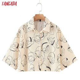 Tangada Women Retro Print Beige Crop Shirt Oversized Short Sleeve Summer Chic Female Shirt Tops 3Z78 210609