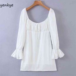 Fall Women White Dress Long Sleeve Sexy Square Neck A-line Mini Elegant Lady Chiffon Autumn vestido LJPZ9405 210514