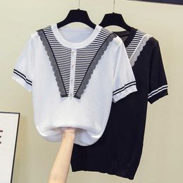 L-4XL chic Oversized Summer thin women sweater loose casual short sleeve o neck Stripe Patchwork plus size basic pullover 210604
