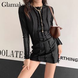 Glamaker Long sleeve knitted bodycon dress with Irregular hem Autumn winter O neck mini dress Basic all-match vestidos 210412