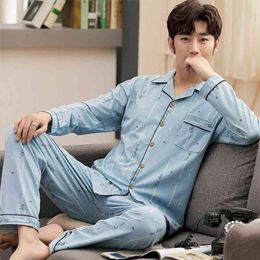 Plus Size 5XL Casual Striped Cotton Pyjama Sets for Men Long Sleeve Long Pants Sleepwear Pyjama PJ Print Pijama Hombre Invierno 210901