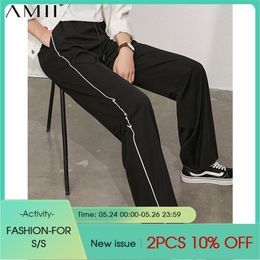 Minimalism Summer Women Pants Fashion Elastic Waist Wide Leg Pant Casual Streetwear Side Stripe Straight Trousers 12140277 210527