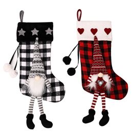 Red Black Grid With Doll Christmas Stockings Xmas Gift Bag Fireplace Decoration Socks New Year Candy Holder Christmas Decoration