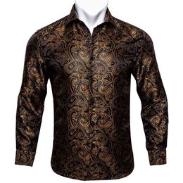 Barry.Wang Gold Paisley Bright Silk Shirts Men Autumn Long Sleeve Casual Flower Shirts For Men Designer Fit Dress Shirts BCY-07 210714