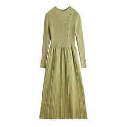 Women Green Yellow Black Knitted Turtle Neck Button Casual Long Sleeve Ruched Midi Dress Autumn Winter D2121 210514