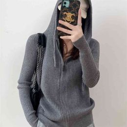 spring and autumn all-match casual sports jacket ins hooded wool knit sweater zipper cardigan sweater women's outerwear 210805