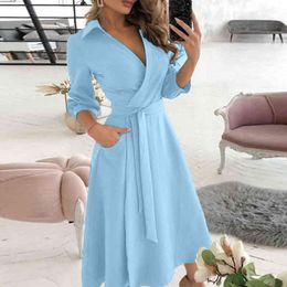 Women High Waist Dress Solid V-neck Mid-long A Line Dress Lacing Up Elegant Female Kpop Style Dresses For Women 2022 Vestidos Y1204