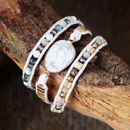 White Unisex Leather Wrap Bracelets Mixed Stones Beaded 3 Strands Bracelet Men Lovers Jewellery Wholesale Dropship