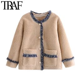 TRAF Women Fashion With Frayed Trim Faux Fur Teddy Coat Vintage Long Sleeve Pockets Female Outerwear Chic Tops 210415