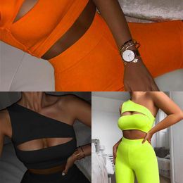 Neon Colour Women Two Piece Set One Shoulder Casual Tracksuits Cut Out Crop Top And Biker Shorts Sets Sporty Active Wear X0428