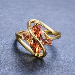 Wedding Rings Unique S Shape Marquise Champagne Zircon For Women Men Yellow Gold Filled CZ Stone Ring Mens Simple Fashion Luxury Jewelry