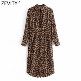 Women Vintage Turn Down Collar Leopard Print Casual Shirt Dress Ladies Chic Long Sleeve Pleats Midi Vestido DS5001 210420