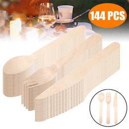 144pcs/set Disposable Wooden Cutlery Forks Spoons Dessert Utensils Party Home Tableware 211108