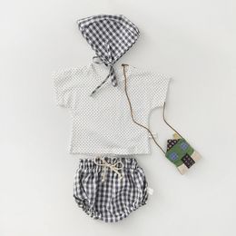 Baby Set T shirt + Plaid PP Shorts Cap 3pcs born Boy Clothes Born Clothing SummerCotton Suit 210429