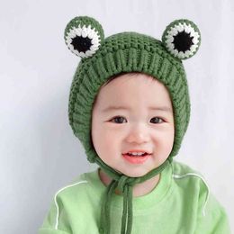 Kids Baby Winter Chunky Cable Knitted Beanie Hat Cute Cartoon Frog Shaped Warm Plush Lined Windproof Earflap Cap