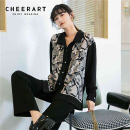 Vintage Autum Long Sleeve Blouse Women Button Up Collar Shirt Black Patchwork Loose Fashion Designer Clothing 210427