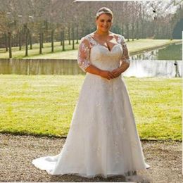 Plus Size Wedding Dress Open Back Garden Transparent 3/4 Sleeve Lace A Line Sweep Train Appliques Bridal Gowns Custom Made