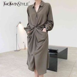 Ruched Casual Women Dress Lapel Long Sleeve High Waist Split Elegant Dresses Female Autumn Fashion Style 210520
