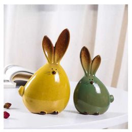 2pcs/set Nordic Cute Long Ear Rabbit Ceramic Decoration Cartoon Animals Snail Combination Figurines Ornaments Home Decoration 210607
