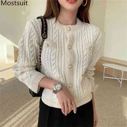 Korean Vintage Elegant Twisted Knitted Cardigans Sweaters Women Autumn Long Sleeve Single-breasted Pearl Buttons Tops Femme 210513