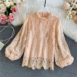 Spring Autumn Solid Color Temperament Perspective Stand-up Collar Lace Shirt Lantern Sleeve Fashion Sexy Loose Top UK792 210506
