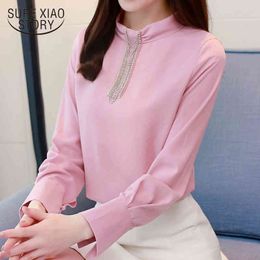 spring long sleeved blouses solid fashion women tops office lady pink and white chiffon sweet female clothing D527 30 210521