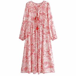 INSPIRED women floral print beach dress Bohemian long dress for women Ladies rayon V-neck tassle dress female new 210412