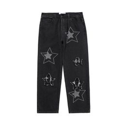 Erkek kot 2021 siyah Jean Streetwear erkek giyim yıldız grafik dökümlü pantolon yırtık Y2k Pantalones De Hombre kargo geniş bacak pantolon