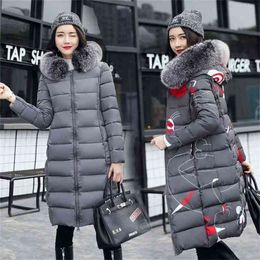 Double-sided Wear Parkas Winter Warm Hooded Slim Long Jackets Thick Parka Korea Fashion Women Casual Print Coat D240 210512