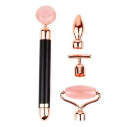 Face Massager 4 IN 1 Energy Beauty Bar Electric Vibrating Natural Rose Quartz Jade Roller Crystal Stone Massage Skincare Health Care Tool