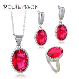 Earrings & Necklace ROLILASON Stamped Silver Plated Red Zircon Neck Set Cubic Zirconia For Women Party Gift Jewellery Sets JS648