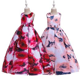 Floral Print Rose Dress For Girls Dresses Kids Wedding Events Frocks Flower Girl Dress Birthday Party Costumes 6 8 10 12 14 16 Y Q0716