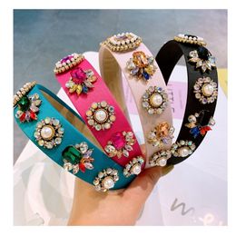 Colourful Crystal Headband for Woman Vintage Simulated Pearl Bumble Bee Fabric Hair Band Bride Wedding Accessories 4 Colours