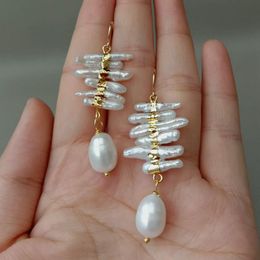 YYGEM natural culture freshwater White Biwa Pearl Rice Pearl Gold Plated Hook Earrings Fashion Costume Indian Jewellery