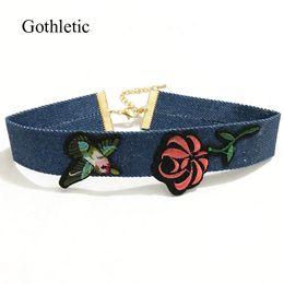 Gothletic 2021 Fashion Blue Denim Jean Choker Flower Bird Embroidery Collar Necklace For Women Punk Jewellery Chokers