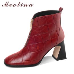 Meotina Genuine Leather High Heel Ankle Boots Women Short Boots Shoes Zipper Strange Style Heels Ladies Boots Autumn Winter 41 210608