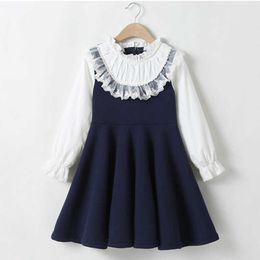 MIEMBRO School Wear New Girls Clothing Dress Baby Casual Dress Kids Patchwork Fall Clothes Children Long Sleeve Dress Blue White Q0716