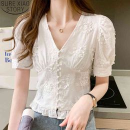 Casual Sweet Blouses Appliques Shirt Fashion White Lace Tops Women Vintage V-neck Puff Short Sleeve Blouse 9778 210417