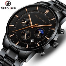 GOLDENHOUR Men Watches Top Brand Luxury Fashion Quartz Watch Mens Casual Simple Steel Waterproof Sports Watch Relogio Masculino 210517