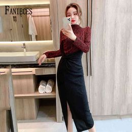 Spring Fall Slim Dress Woman Sexy Bodycon Turtleneck Side Slit Patchwork Long Sleeve Midi Solid Black Red Party Dresses vestidos 210520