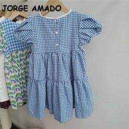 Korean Style Summer Kids Girls Dress Blue Plaid Short Puff Sleeves Round Collar Children Fashion Clothes 1-6 Years E031 210610