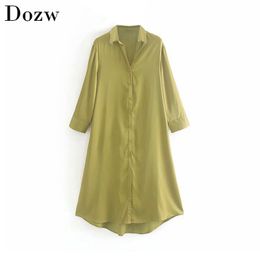 Solid Satin Silk Women Shirt Dress Elegant Ladies Turn Down Bandage Dress Casual Loose Female Soft Yellow Midi Dresses 210414