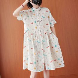 Oversized Women Cotton Linen Casual Dress New Summer Simple Style Vintage Print Loose Female Knee-length Shirt Dress S3541 210412