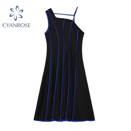 Spaghetti Strap One Shoulder Women's Dress E-Girl Aesthetic Striped Spliced Black Dresses Trendy Streetwear Vestidos Mujer 210417