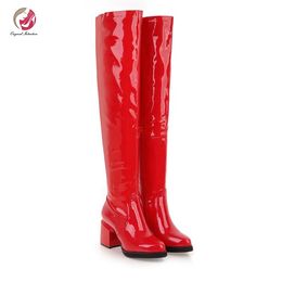 Boots Original Intention Stylish Winter Over The Knee High Patent Leather Woman Pointed Toe Square Heels Metal Colour