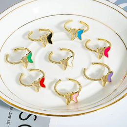 Fashion White CZ Butterfly Drop Oil Rings Creative Women's Vintage Gold Alloy Adjustable Ring Jewelry Gift