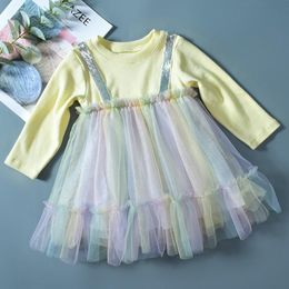 Girls Dress Autumn Winter Colourful Princess Long-Sleeved Toddler Warm Cute Mesh Tutu For 2-6Y 210515